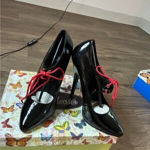 Pleaser Black Heels with Red Laces